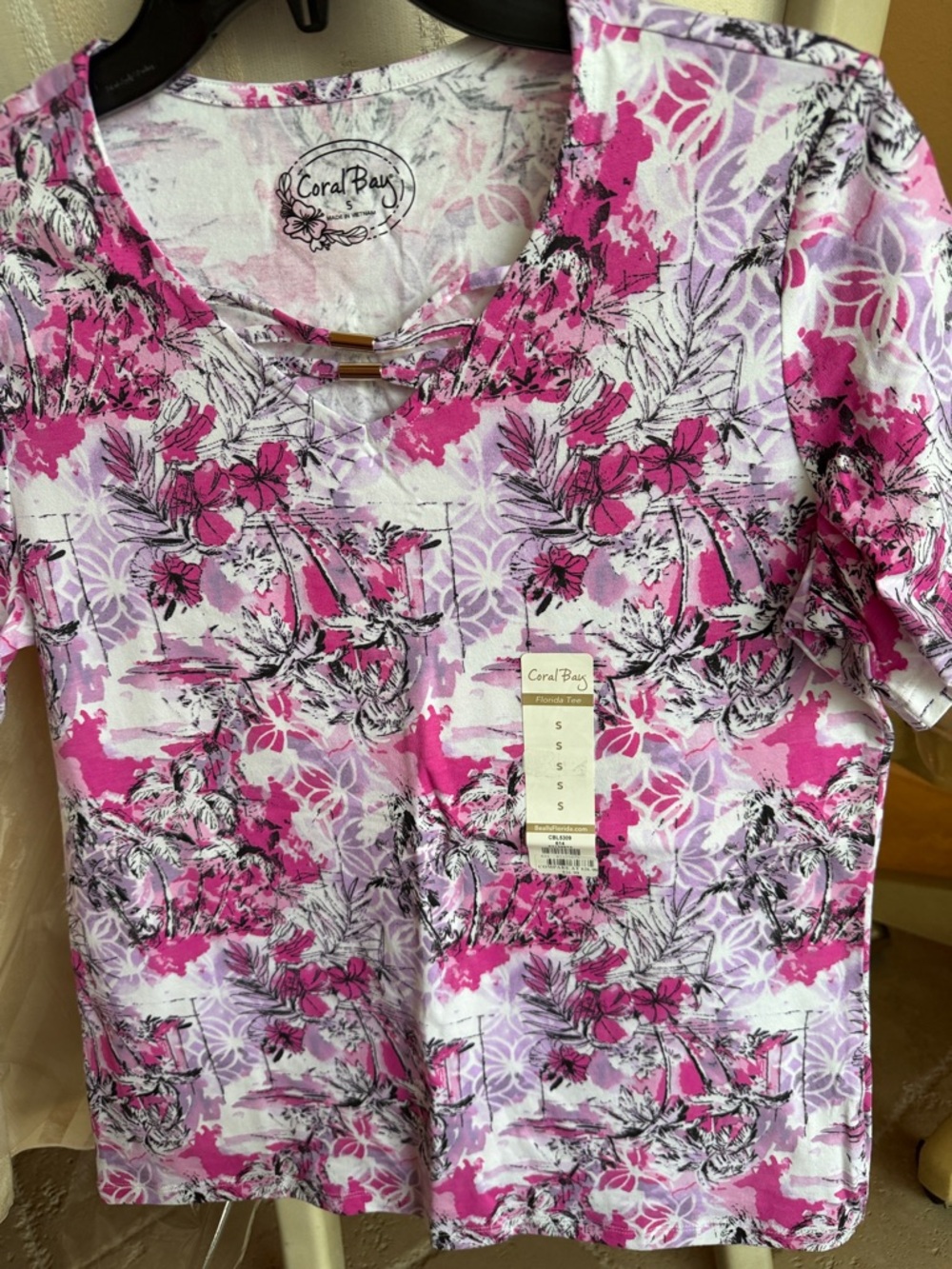 Coral Bay Pink Lavender Floral Short Sleeve Tee with Bar Neck Detail